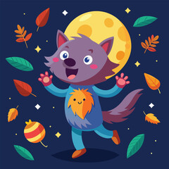Adorable Cartoon Werewolf Howling Under Autumn Moon
