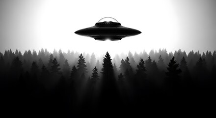 Mysterious Unidentified Flying Object Hovering Over Dark Enchanted Forest at Dusk Revealing Eerie Light Beams