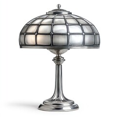 Elegant silver table lamp with a glass shade, illuminated in a cozy room setting