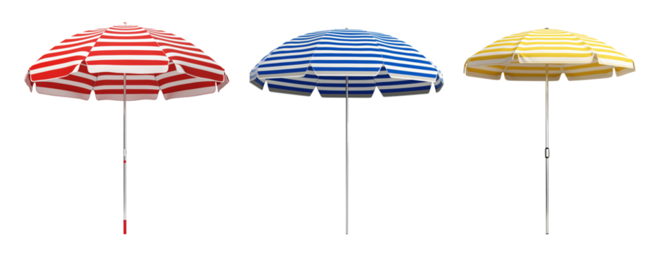 Striped red, blue and yellow beach umbrellas isolated on transparent background