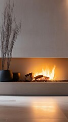 A warm fire crackling in a modern fireplace.