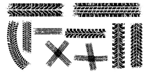 Tire tracks after skidding, launch, drift, powerslide in motorsport, rally, off-road, motocross. Wheel texture with splash effect. Vector, transparent PNG version.
