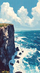Quiet coastal cliff with crashing waves below.