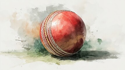 A watercolor-style painting of a red cricket ball resting on grass with a subtle, textured background.