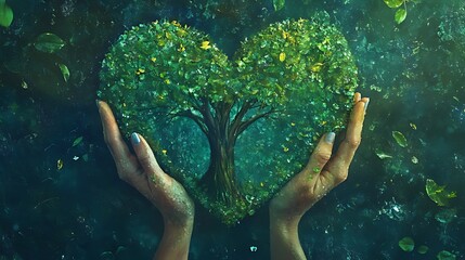 Magical tree growing from hand enchanted forest digital art dreamy atmosphere close-up view symbol of nature's beauty


