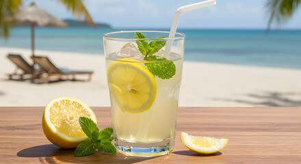 Fototapeta premium Refreshing Lemonade on a Tropical Beach in Summer