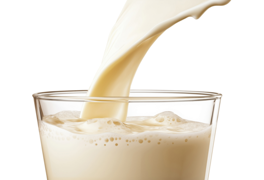 Fresh white milk being poured into clear glass creating splash and foam isolated on transparent background
