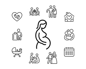 Fototapeta premium Modern Family and Wedding Lifestyle Vector Icon Set, Clean Outline Design