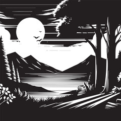 editable black and white landscape vector