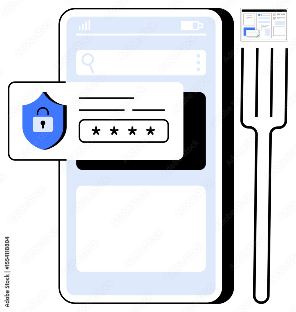 Poster smartphone interface with a lock shield and password box, emphasizing online safety. ideal for cyber