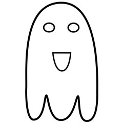 black-and-white line art illustration of a smiling ghost character with round eyes and a wide mouth. Suitable for kids’ crafts, coloring pages, Halloween decorations, or icon design.