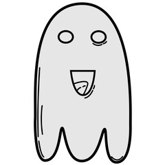 black-and-white line art illustration of a smiling ghost character with round eyes and a wide mouth. Suitable for kids’ crafts, coloring pages, Halloween decorations, or icon design.