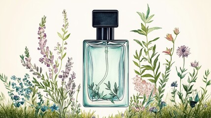A rectangular bottle of perfume surrounded by wildflowers.