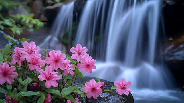 Scenery with purple flowers against waterfall, Beceite, Teruel Province, Spain, a blooming plum tree adorned with delicate flowers, standing resilient in the rain, against a backdrop of blurred dark 
