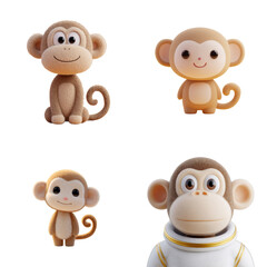 Fototapeta premium Four cute cartoon monkeys: fluffy monkey, simple monkey, baby monkey, monkey astronaut
