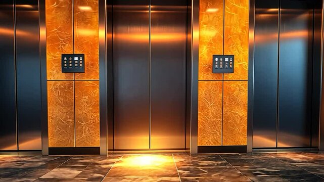 Three modern elevators with orange lighting in a building lobby.