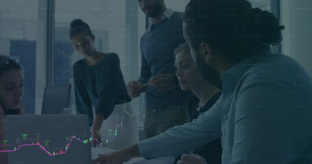 Five-person team around laptop scanning data while digital charts growing and guiding data analysis - Powered by Adobe