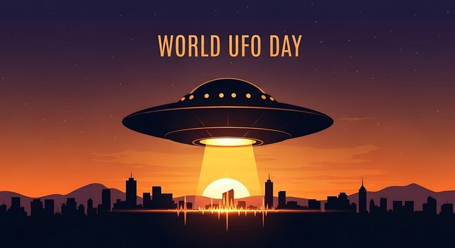 Celebrate World UFO Day with a Stunning Pixel Art Illustration of a Flying Saucer Over a Cityscape at Sunset Discover Alien Mysteries and Extraterrestrial Life