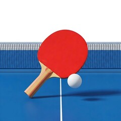 A red table tennis paddle and a white ball resting on a blue ping-pong table with a net, viewed from an angle that highlights the table's surface.