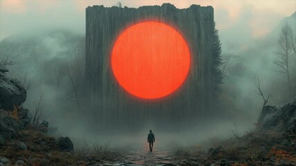 Lone figure approaches a large, orange orb embedded within a stone monolith in a misty, mountainous landscape - Powered by Adobe