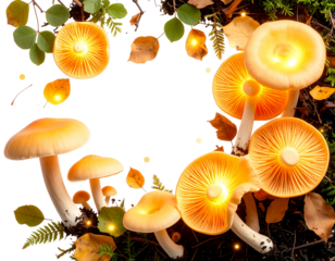 “Top-Down View of Luminous Mushrooms in Sun-Dappled Woodland Clearing, isolated on a transparent background”