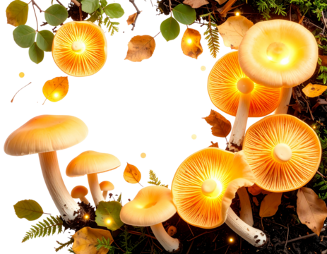 “Top-Down View of Luminous Mushrooms in Sun-Dappled Woodland Clearing, isolated on a transparent background”
