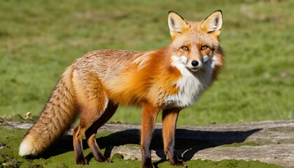 Fototapeta premium A vibrant red fox stands alert and observant, showcasing its beauty in a natural outdoor setting.
