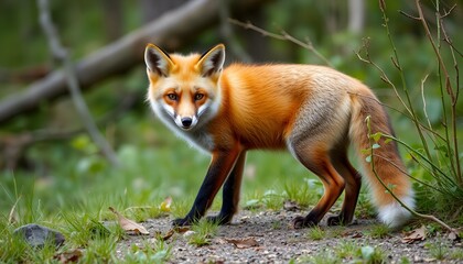 A red fox stands alertly in a vibrant forest, looking directly at the viewer with striking eyes.