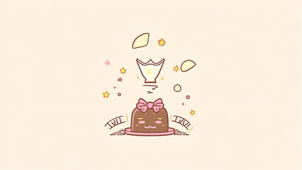 Charming Cartoon Character with a Bow and Adorable Expression Resting on a Plate Surrounded by Whimsical Elements and Pastel Colors Perfect for Children