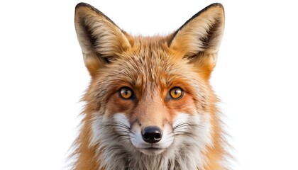 Fototapeta premium Detailed close-up captures the intense gaze and striking fur of a red fox against a white backdrop.