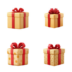 Fototapeta premium Four 3D rendered gifts with red ribbon, present for birthday, Christmas, surprise, party