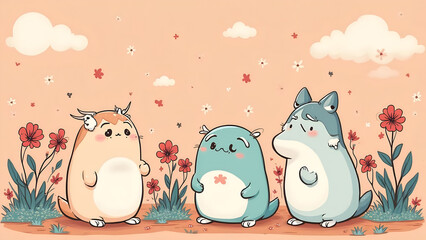Charming Trio Of Animal Characters Amidst Whimsical Flora And Dreamy Skies Creates A Serene And Delightful Illustration Perfect For Children