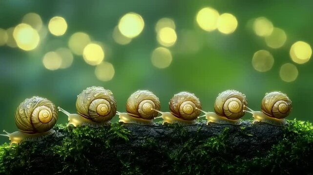 Snails in a row on mossy branch