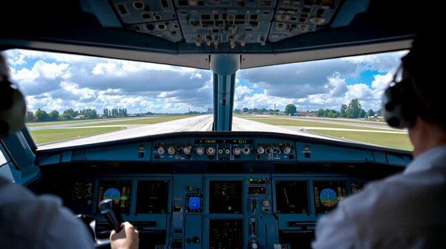 View from inside the cockpit of an airplane taking off on the runway. The pilot and copilot are visible in frame