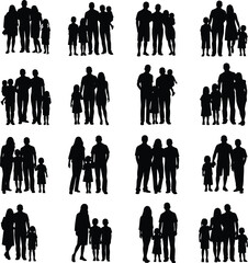 Silhouette family collection, father mother children figures, parenting teamwork, happy lifestyle, family unity, love and care, relationship bond, parents and kids together, black vector set