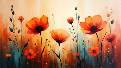 Vibrant Floral Abstraction Featuring Orange Poppies with Delicate Foliage Against a Textured Background Expressing Nature's Beauty