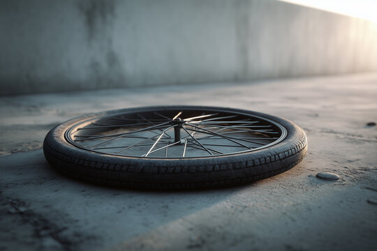 flat bicycle tire lying on concrete floor