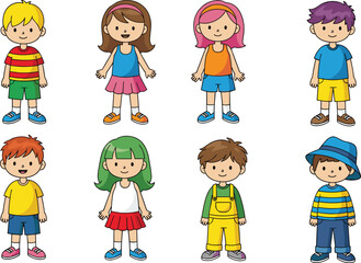 Cartoon kids vector, cute children characters, diverse boys and girls, colorful outfits, smiling faces, school kids, isolated illustration