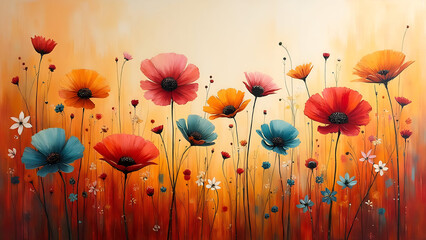 Whimsical Meadow Of Colorful Flowers With Elegant Details In A Warm Light Filled Artistic Representation In Vivid Colors