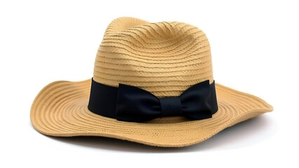 Elegant Straw Hat Adorned With a Dark Bow on a Clean White Backdrop for Summer Season Outdoor Protection