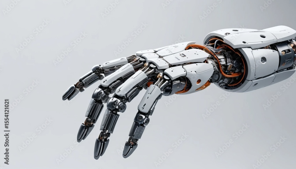 Poster detailed robotic hand with intricate mechanical design reaching out on a soft grey background