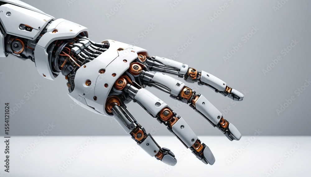 Poster close-up showcases intricate robotic arm design, highlighting its advanced mechanical components.