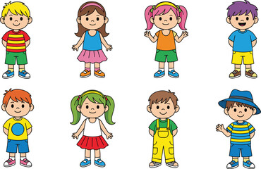 Cartoon kids vector, cute children characters, diverse boys and girls, colorful outfits, smiling faces, school kids, isolated illustration