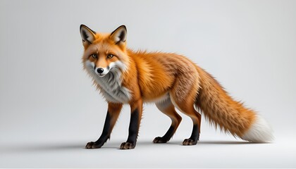 Captivating red fox standing alert on a plain background in elegant studio lighting composition.