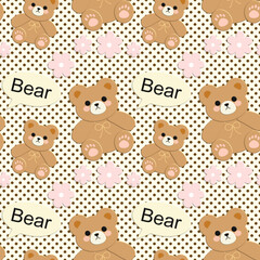 Bears flowers on yellow background, polka dots pattern, fabric pattern, gift wrapping paper, seamless pattern 