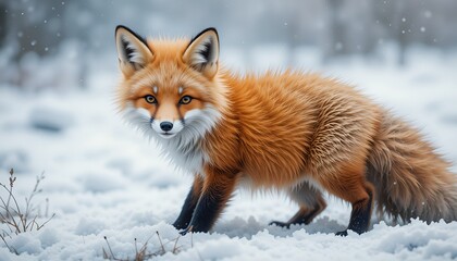 Obraz premium A curious red fox stands alertly in the snow, its amber eyes piercing through the winter haze.