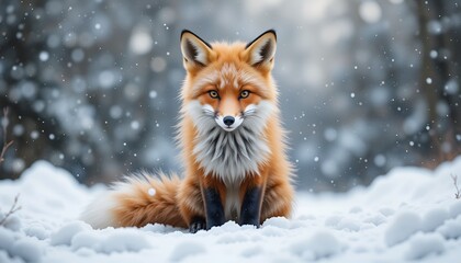 Obraz premium A captivating red fox rests calmly in the snow, gazing forward with gentle, amber eyes and soft fur.