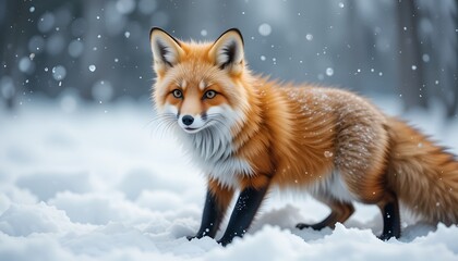 Obraz premium A striking red fox stands alert amidst falling snow, displaying a captivating winter portrait.
