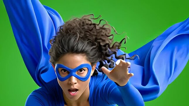 A female superhero in blue tights is flying on a green screen background