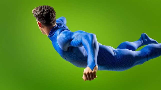 A male superhero in blue tights is flying on a green screen background